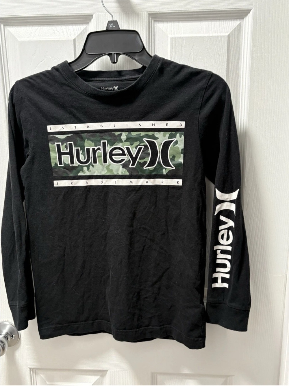 Hurley Boys Black Long-Sleeve Tee with Green Camo Logo
